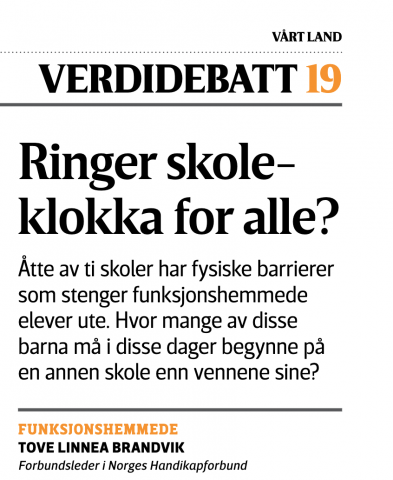 Faksimile av Tove Linnea Brandviks debattinnlegg i Vårt Land med overskriften "Ringer skoleklokka for alle?"