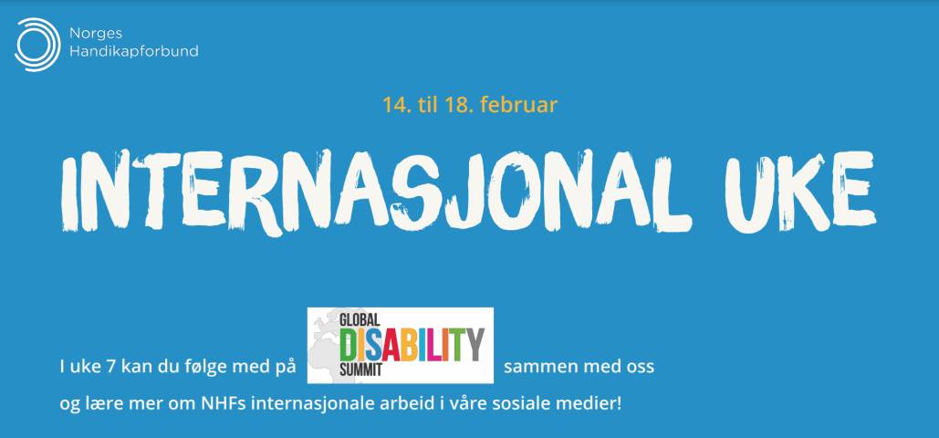 Blå banner med teksten "Internasjonal uke 14. til 18. februar. Følg med på GDS-toppmøtet sammen med oss og lær mer om NHFs internasjonale arbeid i våre sosiale medier!""