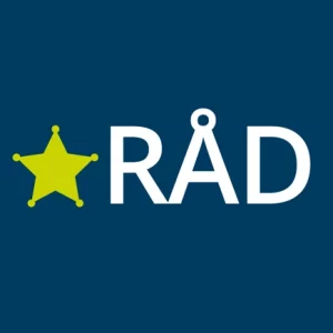 Bilde av logoen til appen. Mørkeblå bakgrunn med en gul stjerne og skriften "RÅD" i hvit til høyre for stjerna.