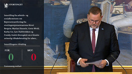 Skjermdump som viser voteringsresultat "enstemmig vedtatt" på Stortinget
