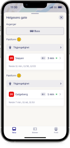Bilde av av en mobiltelefonskjerm som viser Ruter-appen og hvor du finner informasjon om tilgjengelighet når du søker opp din reise. 