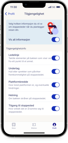 Bilde av en mobiltelefonskjerm som viser hvilken informasjon om tilgjengelighet du kan få i Ruter-appen. Ledelinje, underlag, plattformbredde, helning og tilgang til stoppested er listet opp.