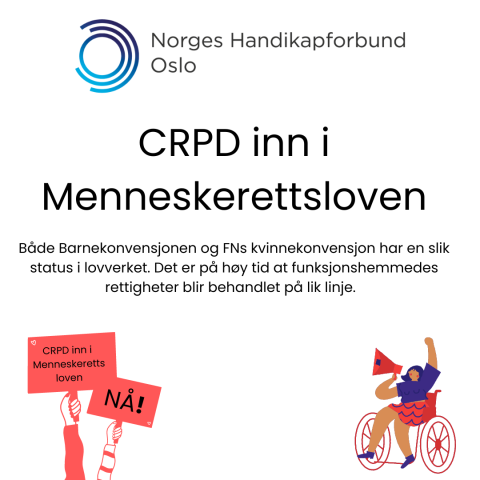 Vi ser en plakat med logoen til NHF Oslo på toppen. På plakaten står det CRPD inn i menneskerettsloven. En tegnet kvinne i rullestol sitter nede i høyre hjørne. Nede i venstre hjørne ser vi to ender som holder plakater som krever CRPD inn i menneskerettsloven nå.